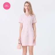 EP ชุดเดรสคอวีผ้าทวีต ผู้หญิง สีชมพู | V-neck Tweed Dress | 05082