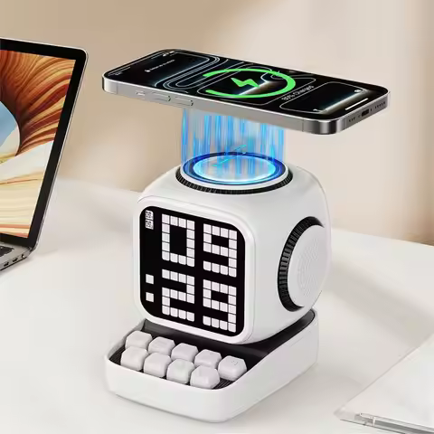 T19C Retro Pixel Art Bluetooth Speaker 15W Wireless Charger Clock White Noise Speaker Home Decoratio