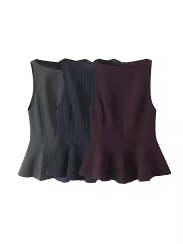 Fitted Ruffled Blouses for Women, O Neck, Sleeveless, Side Zipper, Female Shirts, Chic Tops, Fashion
