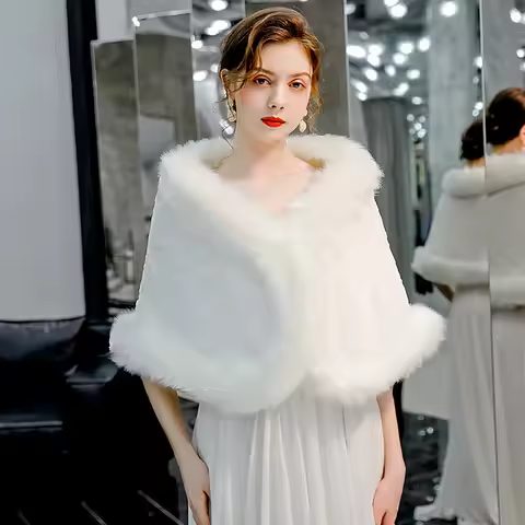 Autumn Winter Short Thick Warm Wedding Poncho Cape Women Faux Fox Fur Striped Bride Shawl Bridal Par