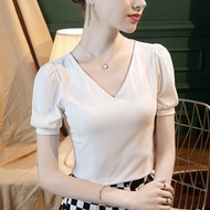 Áo Sơ Mi trung niên nữ HT Store_Áo Sơ Mi Nữ Tay Phồng Cổ Chữ V Hàn Quốc