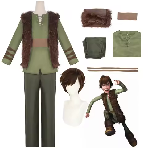 Movie Dragon Hiccup Cosplay Costume wig Green T Shirt Pant Brown Vest Set Halloween adult cartoon dr