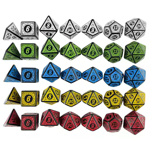 DNDGame Polyhedral Dice Set with Textures Pattern 7pcs of D4 D6 D8 D10 D% D12 D20 for RPG Board Game