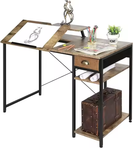 Drafting Table with Storage Shelves & Drawer, 43" Adjustable Art Desk with Monitor Stand for Home Of