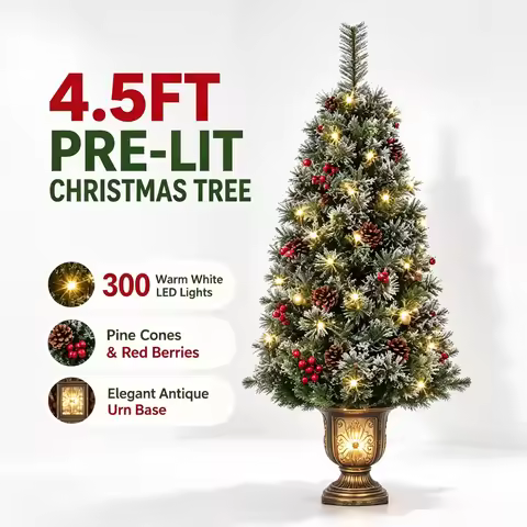 4.5 ft Pre Lit Artificial Christmas Tree with 300 LED Lights 8 Modes Timer Battery Operated Realisti