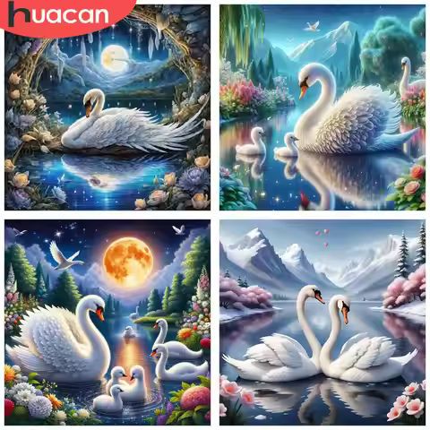 HUACAN 1pcs Diamond Painting Enchanting Swan Lake Moonlight Art Polyester Canvas Landscape 5D DIY Di