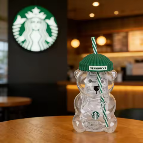 Trendy Starbucks Bearista Bear Clear Glass Cup 20oz Green Lid Straw Home Iced Coffee