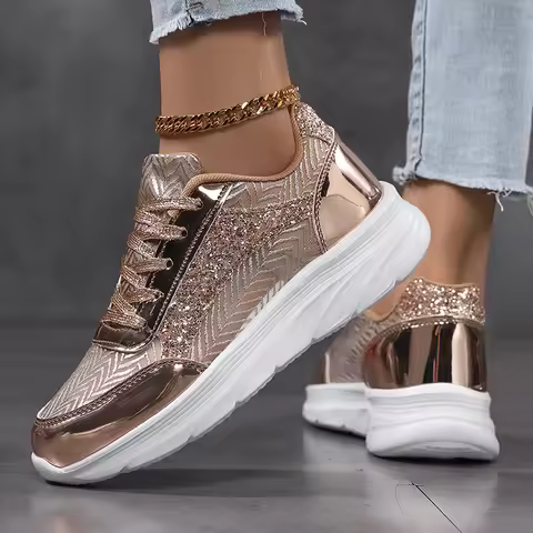 Moipheng Platform Shoes for Women Gold Sparkle Mesh Casual Sneakers Breathable Soft Ladies Lightweig