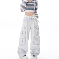 ใหม่สไตล์ Street เอวสูงขากว้าง Casual DENIM กางเกงทํางานหลายกระเป๋าหลวมกางเกงแฟชั่น High Street TREN