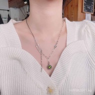 Spliced Tassel Trendy Pure Silver s925Heart-Shaped Green Zircon Women's Necklace Light Luxury Style 