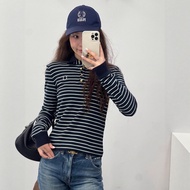 F29Y CEL High-Quality Embroidered Blue-Green Stripe Gold Buttons Polo Sweater