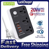 BAVIN PC262 7 in 1 USB Charger HUB Extension w/ PD 20W Type-C Plus USB 3.0 18W and 3x Power Socket f