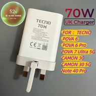 For TECNO 70W UK (3-Pin) Plug Super Fast Charger,USB to C Cable,for POVA 6 Pro/POVA 6 POVA 7 Ultra 5