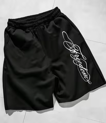 Men’s Regular Fit Drawstring Shorts - "Freedom" Cursive Print Streetwear