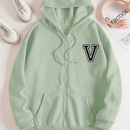 Hoodie cewek oversize aesthetic motif huruf V sweter wanita 2024 jaket seleting jaket sweater sletin