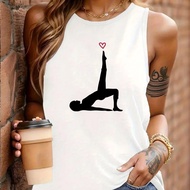 1pc | Casual | Popular Yoga Tank Top With Heart Print For Women, Sleeveless, Versatile Round Neck To