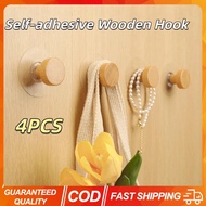 4PCS Self-adhesive Wooden Hook Bathroom Wall Hook Bedroom New Simple Coat Storage Rack Towel Key Dec