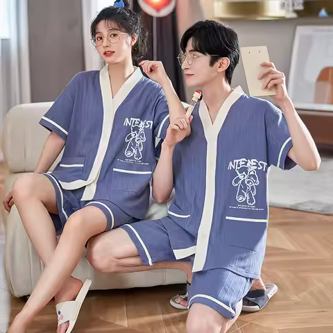 Japan Kimono Nightwear For Couples Summer Cotton Men Pajamas Set Short Sleeping Tops Pant Women Home