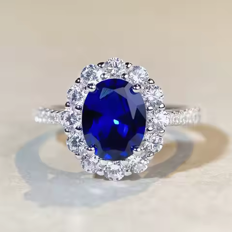 Real White Gold AU750 Ring 3CT 7x9mm Sapphire Diamond Engagement Ring For Women Statement Birthday G