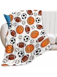 1入款卡通籃球＆足球風格法蘭絨毛毯,現代風格聚酯纖維長方形毯子,適用於各種場合