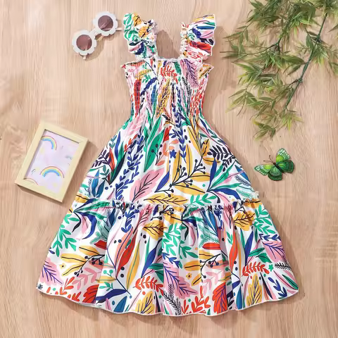 Colorful Leaves Children Clothes Girl Dress Short Sleeved Summer Striped Fashionable Casual Girls Dr