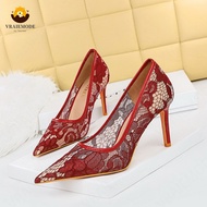 Hollow High-Heeled Shoes Pointed Toe Stiletto Woman Pumps with lace High Heels for Party Women Shoes