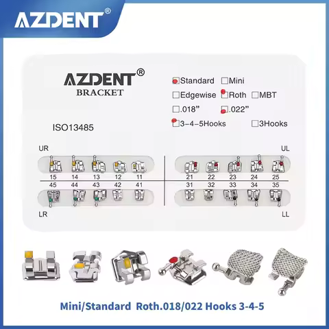 AZDENT 20pcs/Pack Dental Orthodontic Brackets Braces Mini/Standard MBT/Edgewise/Roth Bracket 018/022