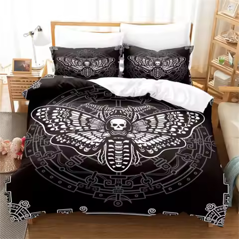 Death Moth Black Bedding Set, Gothic Bedding Set, Skull And Butterfly Cover, Luxury Home Bedding, 2p