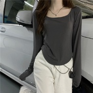[MF] Baju Lengan Panjang Wanita Slim Fit Cotton Crop Top Casual Tuck In Atau Loose Simple Korean Sty