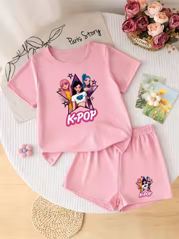 Trendy Girls 2Pcs K-POP Idol Print Tee & Shorts Set K-POP Fan Summer Casual Outfit