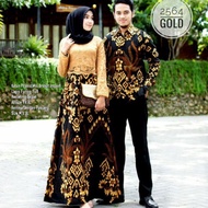 batik couple gamis brukat kombinasi batik soga 2564 - gold kemeja aja