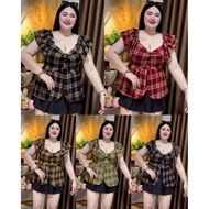 MM73 T-Shirt For Chubby Women V-Neck Short Sleeves 2 Layers Of Ruffles Front Bow Plaid Pattern Chest