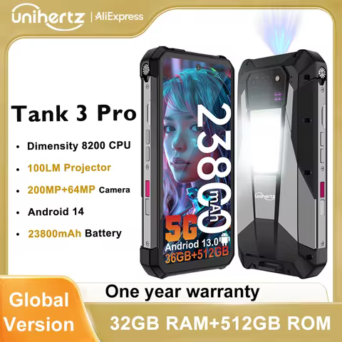 Unihertz Tank 3 Pro 8849 Rugged 5G Phone with 100 Lumens Projector Android 14 32GB 512GB 23800mAh Wa