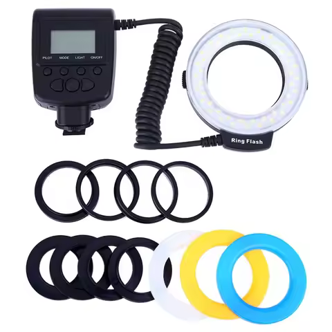 HD-130 Macro LED Ring Flash Bundle with 8 Adapter Ring for Canon Nikon Pentax Olympus Panasonic DSLR