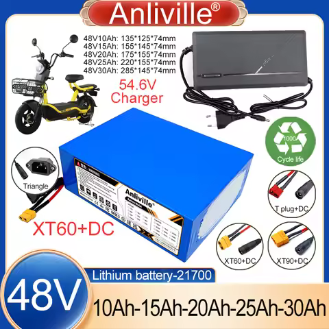 48V 10Ah 15Ah 20Ah 25Ah 30Ah 21700 Lithium Battery Pack 1000 Cycles With 30A BMS For E-tools Scooter