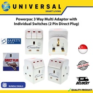 [SG SHOP SELLER] Powerpac 3 Way Multi Adaptor With 2 Pin Direct Plug (Safety Mark) PP8733