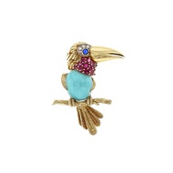 Cartier Vintage Gold, Platinum, Turquoise, Ruby, Sapphire and Diamond Toucan Brooch