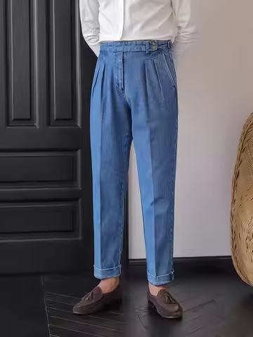 Italian Style Men's High Waist Business Neapolitan Jeans Draped Cuffed Straight Leg Western Pants Yo