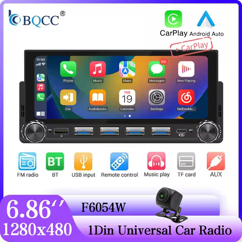 BQCC 6.86 Inch 1Din Car Radio BT FM 7-Color LED Lights 33W Type-C Charger Wireless CarPlay Android A