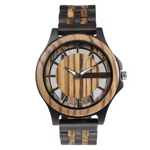 Brown Deep Black Ebony Zebra Wooden Quartz Men's Watch,Foldover Clasp Wood Strap Wooden Watches for 