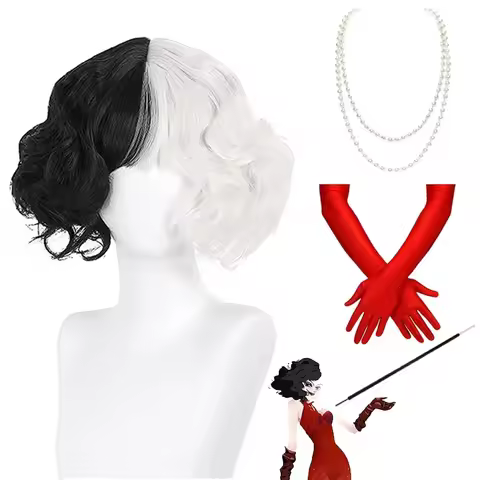 Halloween Cosplay Cruella De Vil Kuila Half Black Half A Hundred Small Short Curly Cos Wig for Makin