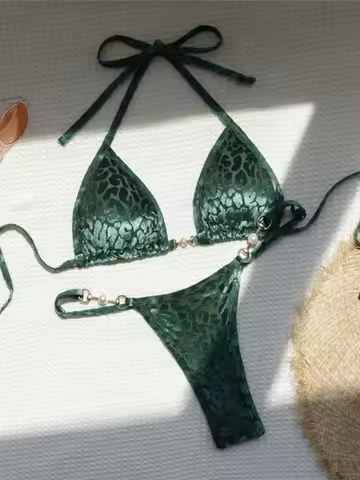 Leopard Pearl Mini Micro Thong Bikini Female Swimsuit Women Swimwear Two-piece Bikini set Bather Bat