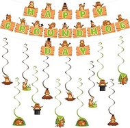 Fenyluxe Happy Groundhog Day Hanging Swirls and Groundhog Day Banner Set, Groundhog Party Supplies C
