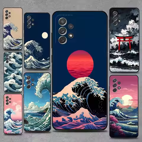 J-Japan Style Ukiyo-e Phone Case For Samsung S 25,24,23,22,30,21,10,9,Ultra,Plus,Lite,FE,4,5G Black 
