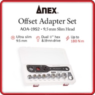 ANEX AOA-19S2 Offset Adapter Socket Set – Ultra-Slim 9.5 mm Head, 8 Metric Sockets, Dual 1/4″ Hex & 