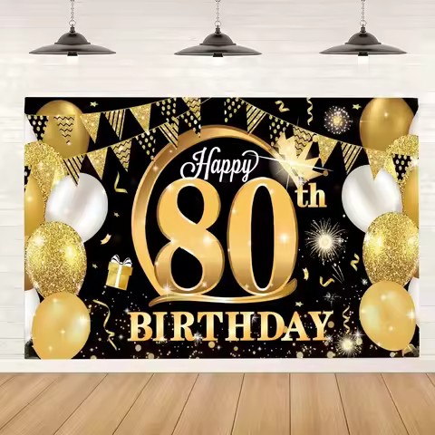 Happy 80th Birthday Backdrop Gold 80 Years Old Decor Eighty Birthday Party Black Gold Vinyl Backgrou