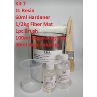 Fiberglass Set (O7) - 1kg Resin, 60cc Hardener, 1/2kg CSM, Brush, Cup w/ 30ml Wax Sol
