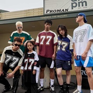 【From Perak】ProMan Men's Baju-T 77 Besar Nombor Kemeja-T Bercetak Leher Krew Longgar American Retro 