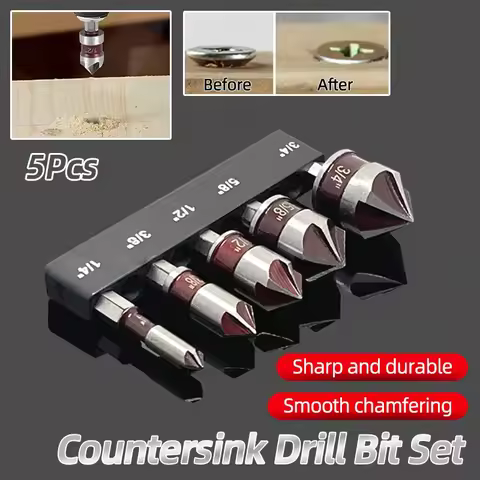 HSS 5 Flute Countersink Drill Bit Set 1/4'' Hex Shank 82 Degree Taper Wood Metal Hole Cutter Deburri
