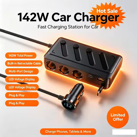 Car charger 142W super fast charger with built-in extension cable PD45W car charger, one to three ci